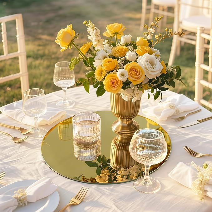 10PCS Gold Round Mirror Centerpieces for Tables Acrylic Circle Mirror Tray Candle Plate for DIY Craft Wedding Birthday Table Decorations Valentine Party Wall Decor (12inch/30cm)