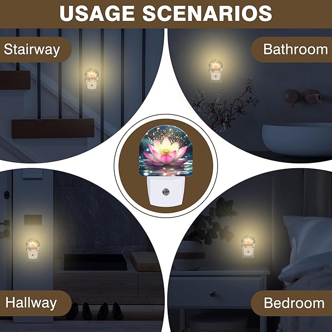Night Lights Plug into Wall Sparkle Pink Lotus Night Light Dusk to Dawn Smart Sensor Decorative Round Led Lamp for Bedroom Kitchen Hallway Nightlight for Women Men