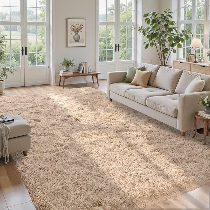 8x10 Area Rugs for Living Room Fluffy Neutral Beige, Modern Plush Non-Slip Soft Bedroom Shag Carpet for Book Room Office,Coffee Stain Resistant