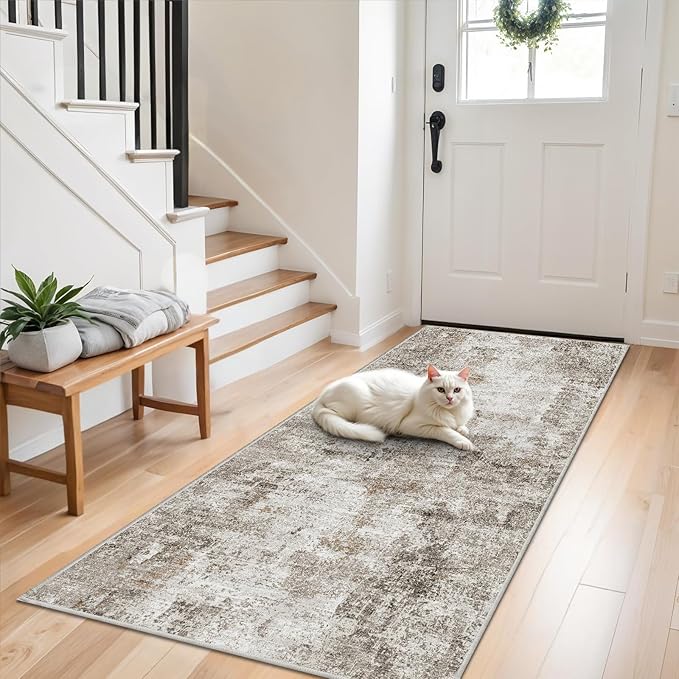 3x7 Washable Non-Slip Kitchen Runner Rug – Modern Abstract Neutral Beige & Gray Carpet for Hallway, Entryway, Bedroom, Laundry Room – Low-Pile Thin Wide Floor Runner with Rubber Backing