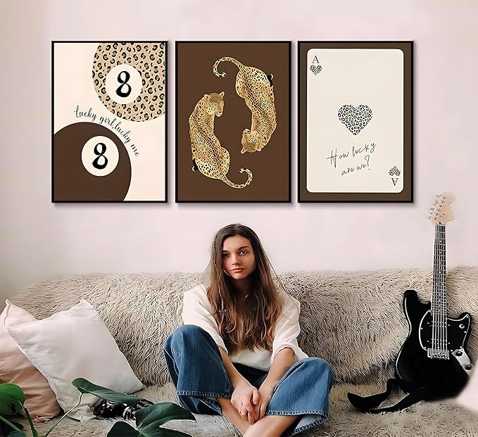 3pcs Trendy Leopard Canvas Wall Art Funky Lucky 8 Ball Posters Prints Preppy Room Aesthetic brown Cheetah Prints Wall Decor Pictures for living room Bedroom Dorm Apartment Unframed