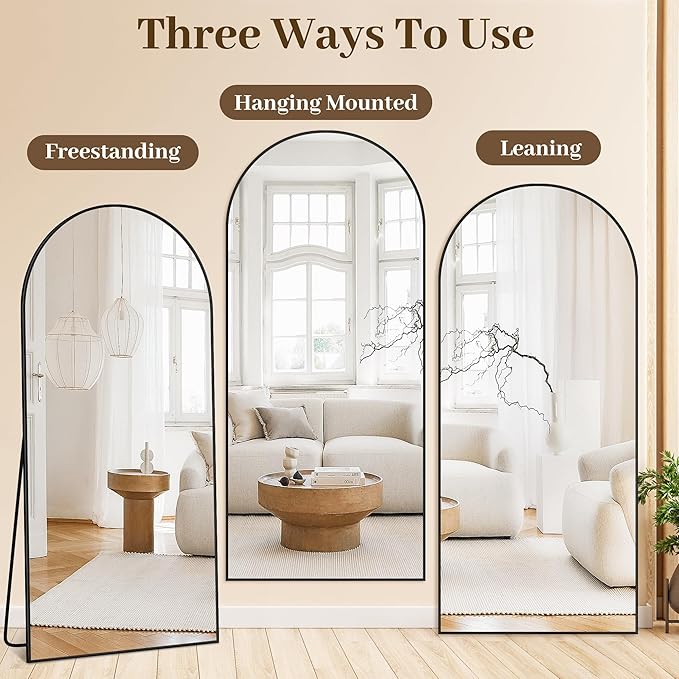 Suidia 68"x26" Arched Full Length Mirror with Stand, Full Body Mirror with Aluminum Frame, Freestanding/Leaning/Wall-Mounted, Floor Mirrors for Bedroom, Living Room, Entryway, Dressing Room, Black