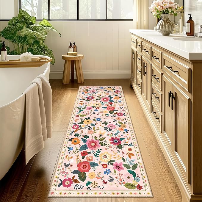 RELEANY Floral Nursery 2x8 Area Rugs Washable Print Boho Cute Carpet Non Slip Flower Low Pile for Living Room Kids Girls Playroom Bedroom Kitchen Office Farmhouse-Pink