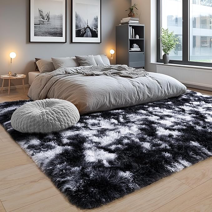Area Rugs 9x12 for Living Room, Ultra Soft Fluffy Rugs for Bedroom, Non-Slip Furry Large Rug for Teen Girls and Boys,Nursery Kids Room Dorm Home Decor, High Pile Plush Floor Carpet, Black and White