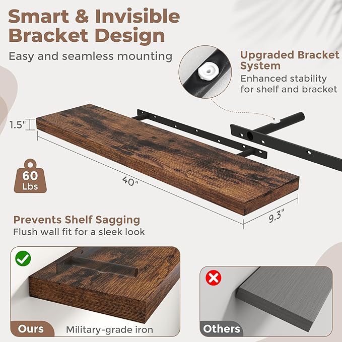 40 Inch Floating Shelves for Wall with Invisible Brackets Set of 2, 9"D Engineered Wood Wall Shelves with Wood Grain for Living Room, Bedroom, Bathroom, Kitchen Decor and Storage, Rustic Brown