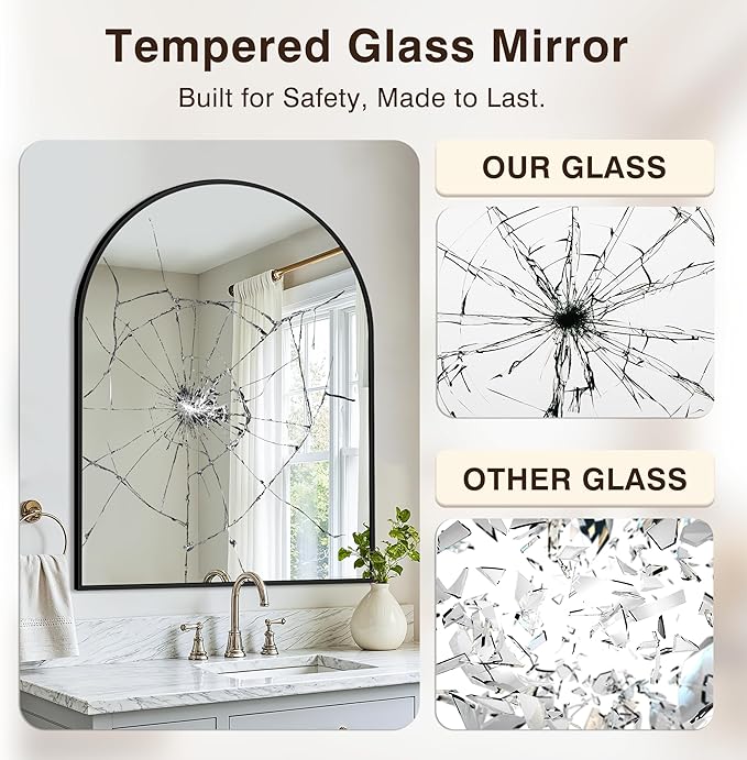 Vanity Bathroom Mirror for Wall, 40"x30" Arched Bathroom Mirror for Over Sink, Arched Metal Frame for Bedroom, Living Room, Entryway, Hanging or Leaning, Black