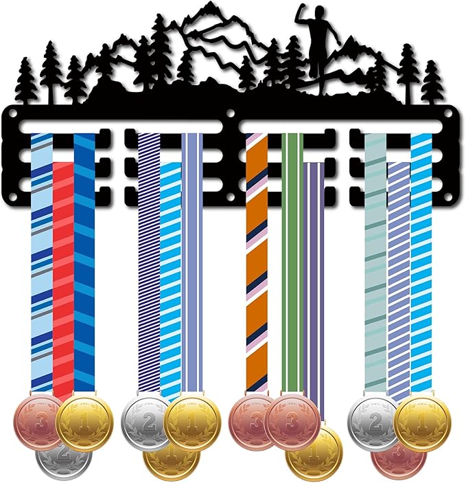 CREATCABIN Trail Running Medal Hanger Display Medal Holder Rack Sports Metal Hanging Awards Iron Small Mount Decor Awards for Wall Home Badge Race Runner Marathon Medalist Black 11.4 x 5.1 Inch