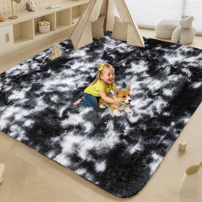 6x9 Rugs for Living Room, Rugs for Bedroom, Plush Fluffy Carpet, Non-Slip Upgrade Black White Grey Rug, Suitable for Kids Home Decor Aesthetics Dorm.
