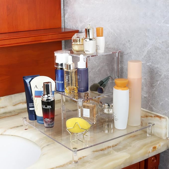 ELEGANTLIFE Acrylic Display Riser Stand – 3 Tier Clear Shelf for Funko POP, Amiibo, Figures, Collectibles, Cupcakes, Perfume, Skincare Organizer