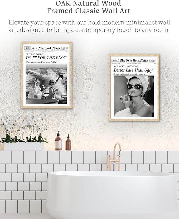 iHery Natural OAK Wood Audrey Hepburn Newspaper Trendy Framed Wall Art, 12x16 in Vintage Headline Canvas Bedroom Wall Decor, Better Late Than Ugly,Bathroom Artwork Apartment Girly Dorm Room 1Pack