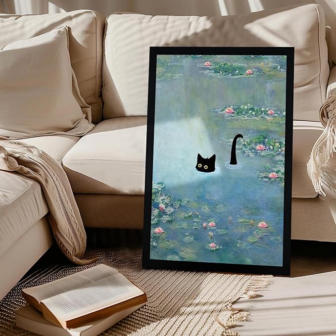 Fantasy Artists Monet Water Lilies Cat Wall Art, Framed Vintage Canvas Art Wall Decor, Funny Black Cat Posters Prints for Bathroom Bedroom Living Room Home Office Decorations 20" Wide X 30" Height