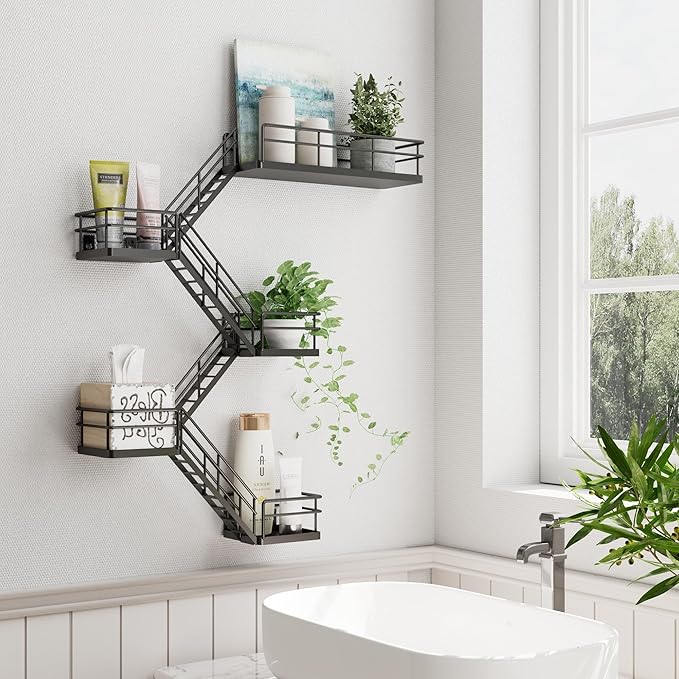 Fire Escape Shelf - 5 Tier Metal Black Fire Escape Wall Shelves with Baskets, New York Action Figurine Display Shelf, Unique Rustic Floating Decorative Wall Shelves for Any Room