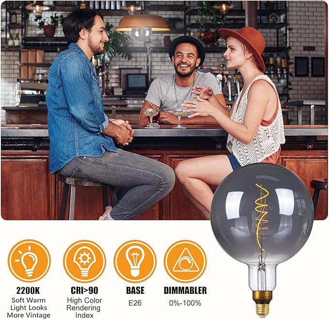 SD LUX Oversized Vintage LED Light Bulbs 5W, Medium Base E26, Giant Edison Bulb Large Decorative Bulbs, Huge Edison Light, Dimmable 200LM(15W Equi) Pendant Lighting Warm White 2200K,1 Pack(G200-Smoke)