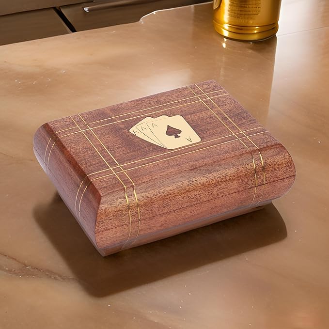 Ajuny Handcrafted Wooden Double Deck Playing Card Box Holder Decorative Storage Case Organizer With 2 Set of Playing Cards Anniversary Housewarming Gifts