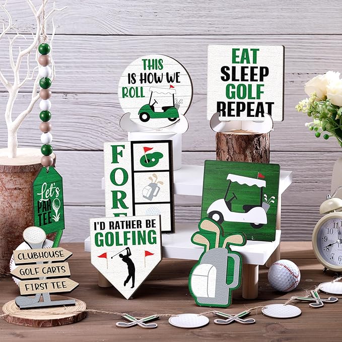 FairySandy 13 Pcs Golf Tiered Tray Decoration Wooden Golf Table Centerpieces Decor Rustic Wooden Sport Game Sign for Fans Ball Theme Party Supplies