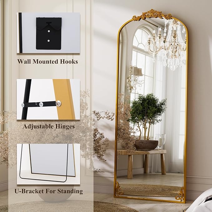 GLSLAND 56"x21" Vintage Full Length Mirror - Carved Arched Floor Standing Mirror, Baroque Full Body Mirrors for Bedroom Living Room Entryway, Gold Frame