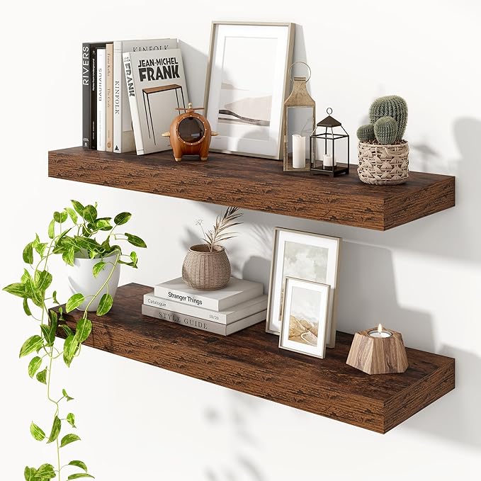 Heimlove 36 Inch Floating Shelves for Wall,Thicker and Deeper Wall Shelves Mounted Storage & Display Wood Shelf,Hanging Shelf for Bedroom Living Room Kitchen Office,Set of 2,Rustic Brown