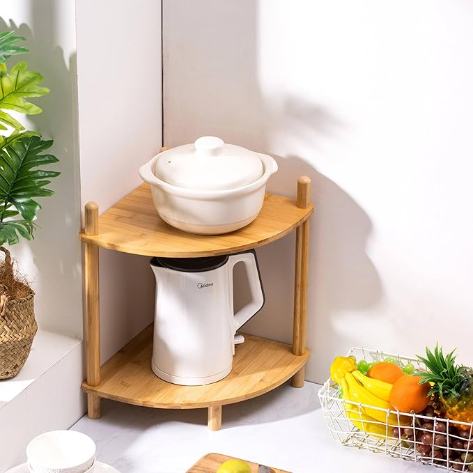 2Pcs 2-Tier Expandable Bamboo Corner Shelf Stand,Corner Bookshelf, Display Storage Shelves with Open Shelves, for Organization and Storage, Living Room, Home Office, Garage