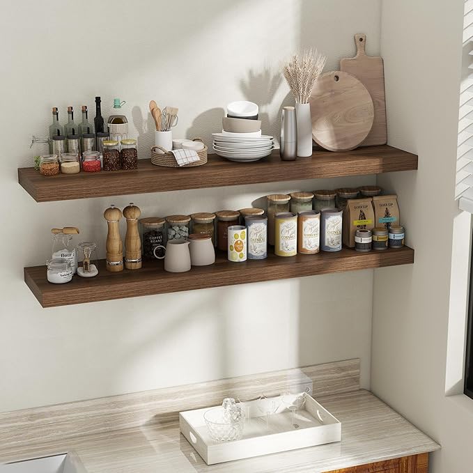 Fun Memories 55 Inch Fireplace Mantel Shelf, 12 Inch Deep Shelves for Display & Wall Storage, Rustic Wood Wall Shelf, Extra Long Floating Shelves for Bathroom Bedroom Living Room, Walnut, 2 Pack