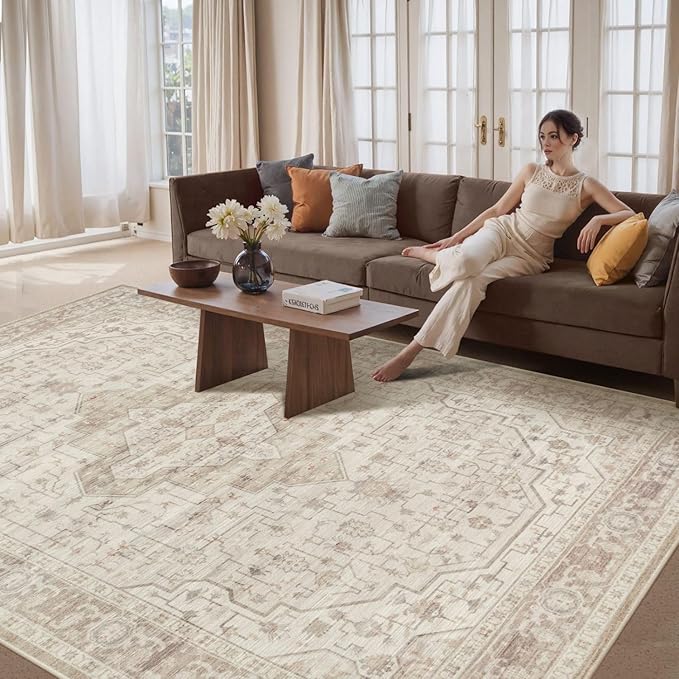Rugxara 8x10 Washable Area Rug for Living Room, Vintage Neutral Extra Large Boho Rugs for Office, Kids Room, Farmhouse, Durable Low Pile Non Slip Carpet for High Traffic Areas, Cream