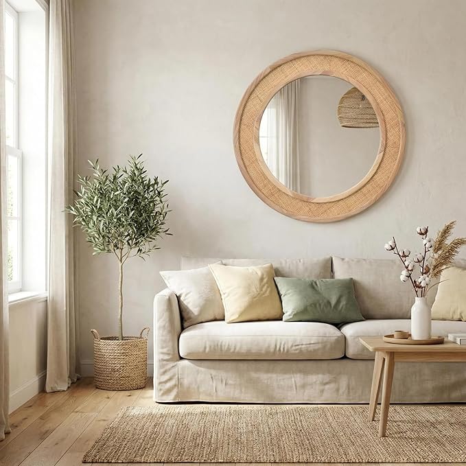 24" Round Rattan Mirror, Circle Wall Mirror, Farmhouse Wooden Vanity Mirror with Handmade Wicker Frame, Decorative Boho Mirror for Nursery Bedroom Living Room Entryway Nature