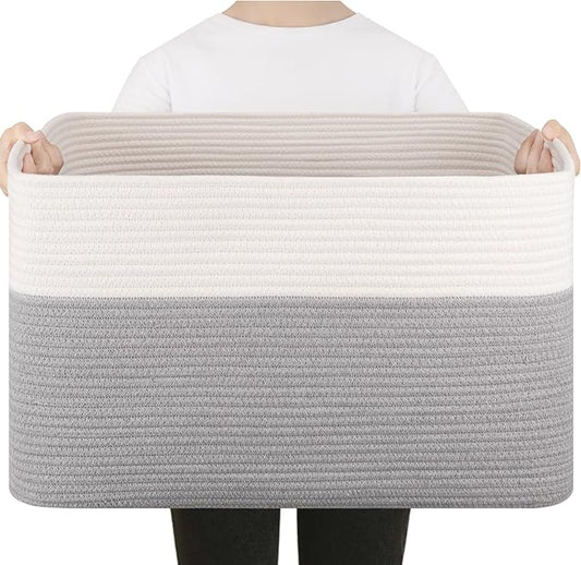 75L Large Cotton Rope Basket, Soft Toy Storage Bin for Nursery & Living Room, Decorative Blanket Basket for Bedroom, Baby-Safe Organizer for Pillows &Laundry, 22''×17''×12'', Grey and White