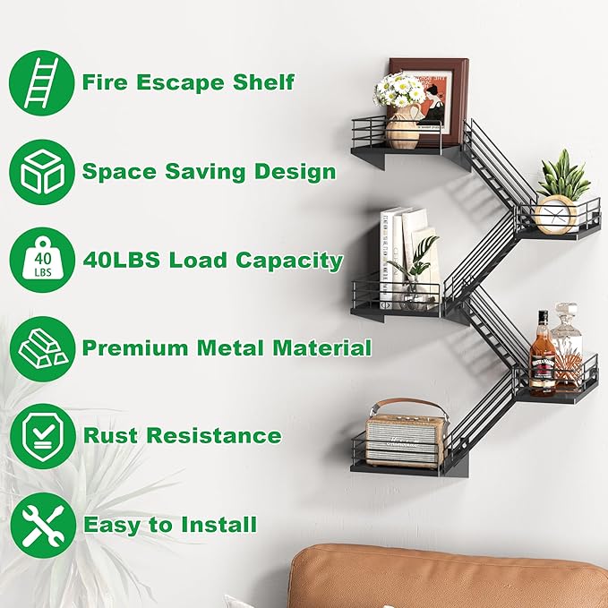 Fire Escape Shelf - 5 Tier Large Metal Black Fire Escape Wall Shelves with Baskets, New York Action Figurine Display Shelf, Unique Rustic Floating Decorative Wall Shelves for Home