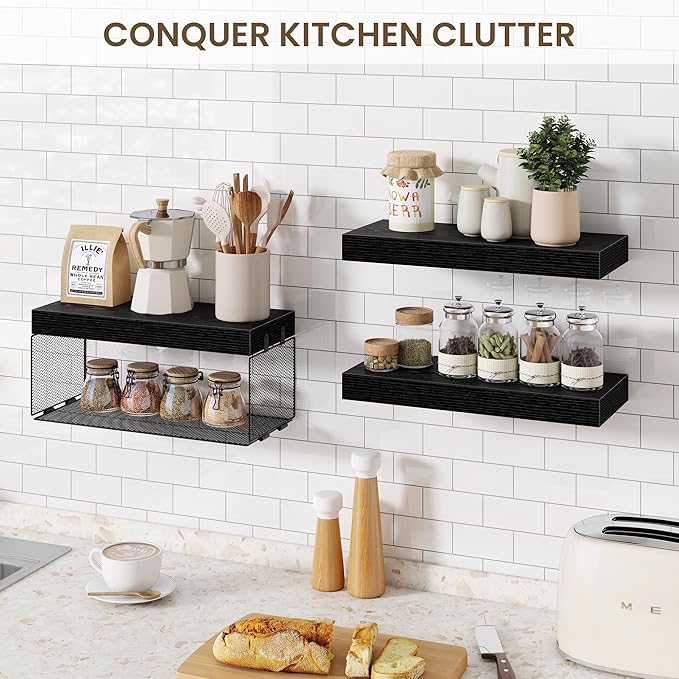 Acovy Bathroom Floating Shelves for Wall,16 inch Wall Mounted Floating Shelf Toilet Organizer and Storage,Small Farmhouse Decor Shelf,Black,Set of 3
