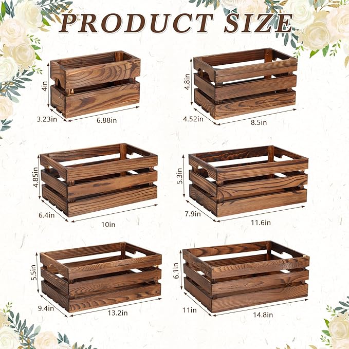 CroBlissful 6 Pcs Decorative Wood Crates for Storage Display Rustic Nesting Crates with Handle Farmhouse Wooden Storage Container Boxes for Wedding Baby Shower Birthday Party(Vintage Brown)