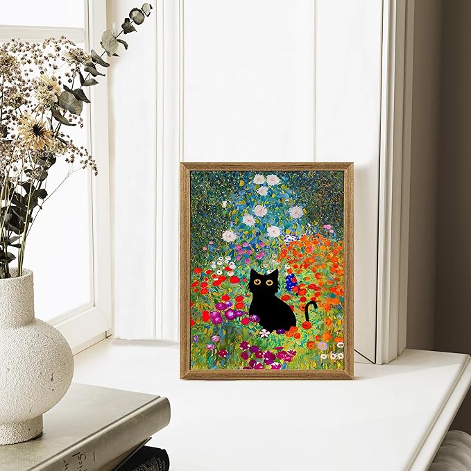 Fantasy Artists Gustav Klimt Canvas Wall Art, Framed Aesthetic Cat Floral Wall Decor, Garden Flower Black Cat Poster Paintings for Living Room Bedroom Bathroon, Dorm Home Decorations, 8" X 10"