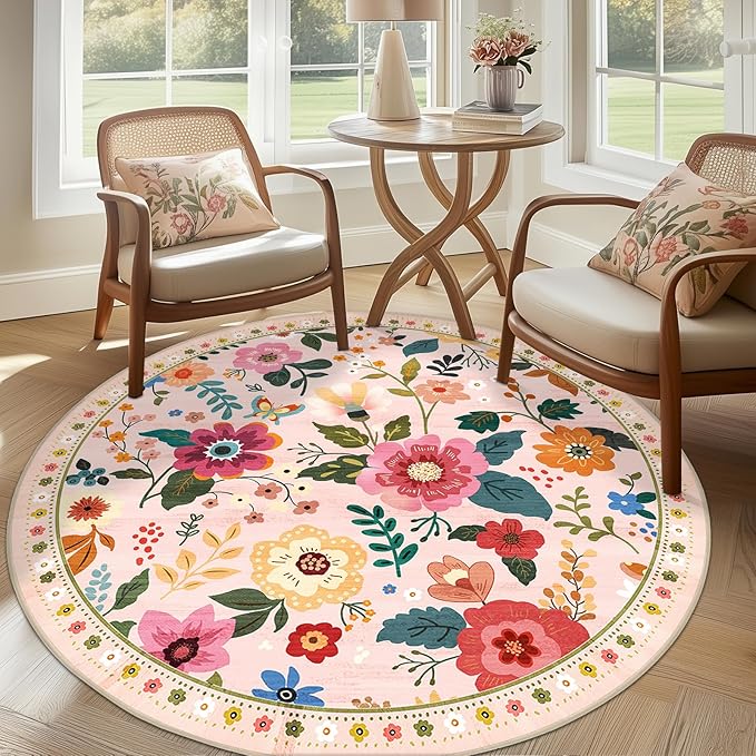 RELEANY Floral Nursery 4ft Area Rugs Washable Print Boho Cute Carpet Non Slip Flower Low Pile for Living Room Kids Girls Playroom Bedroom Kitchen Office Farmhouse-Pink