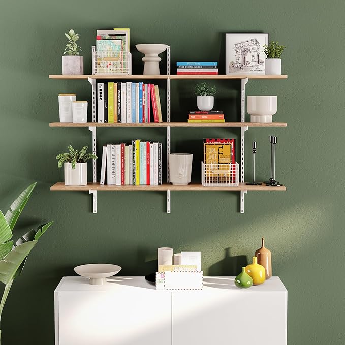 Wallniture Turin 48"x 10" Rustic Floating Wall Storage Shelf, Wall Book Shelves with Adjustable Metal White Brackets, Storage Shelving Unit, Garage, Pantry, Burnt