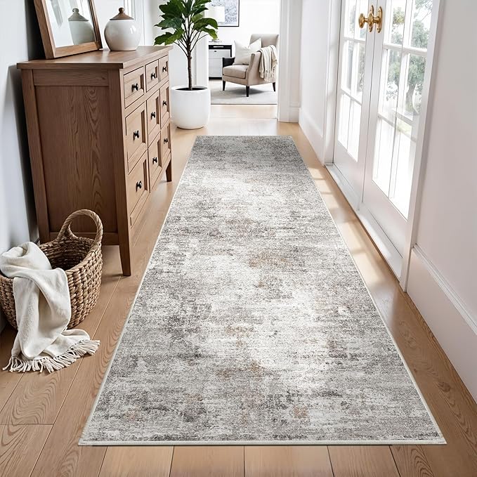 3x12 ft Long Hallway Runner Rug - Non-Slip Washable Kitchen Rug with Rubber Backing,Modern Abstract Neutral Thin Low Pile Floor Carpet Runner for Entryway,Bedroom,Living Room（Beige Grey）