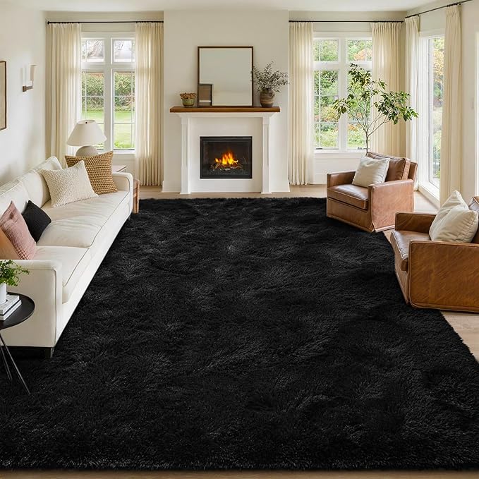 FinRèc 9x12 Feet Black Rugs for Living Room Bedroom, Fluffy Shaggy Area Rug, Non-Slip Soft Shag Rug for Nursery Kids Room Dorm Room Home Decor, Indoor Plush Floor Carpet