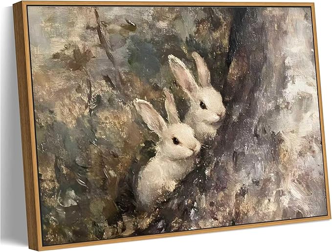 Framed Easter Bunny Canvas Wall Art Rustic Rabbit in the Forest Vintage Farmhouse Painting Classical Oil Easter Wall Decor For Bedroom Living Room Kitchen Office