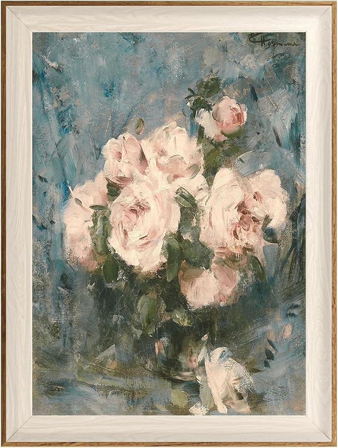 ASTRDECOR Framed Vintage Wall Art for Living Room, Vintage Floral Home Decor Aesthetic, Victorian Pink Rose Bouquet Oil Painting Blue Canvas Wall Art Prints, Antique Flower Pictures Blue Artwork for Living Room-12''x16''