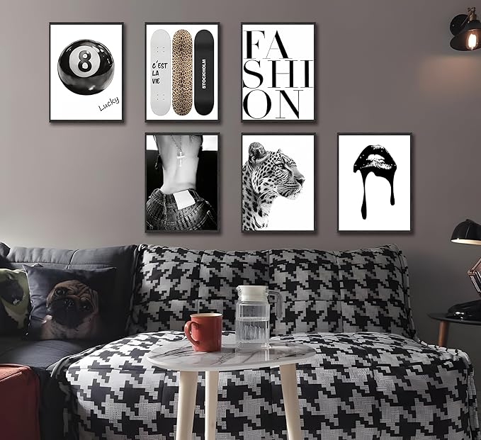 6 Piece Fashion Trendy Leopard Wall Art Black White Aesthetic Cheetah Posters Prints Lucky 8 Ball Lips Canvas Paintings for Girls Room Bedroom Apartment Dorm Decoration Unframed