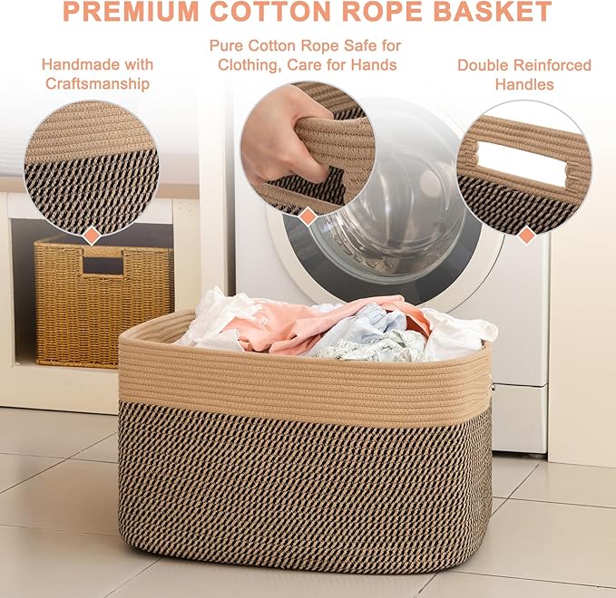 75L Large Cotton Rope Basket, Soft Toy Storage Bin for Nursery & Living Room, Decorative Blanket Basket for Bedroom, Baby-Safe Organizer for Pillows &Laundry, 22''×17''×12'', Brown & Black