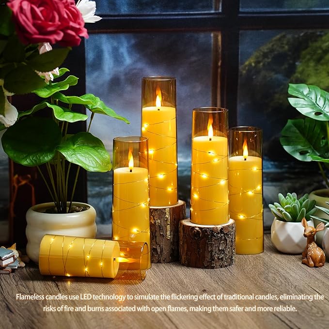 Nimiko Flickering Flameless LED Candles,Battery Operated Candles 24 Pcs with Embedded Star String,Acrylic LED Pillar Candles with Remote,Suitable for Home Decoration to Create an Atmosphere (Gold)