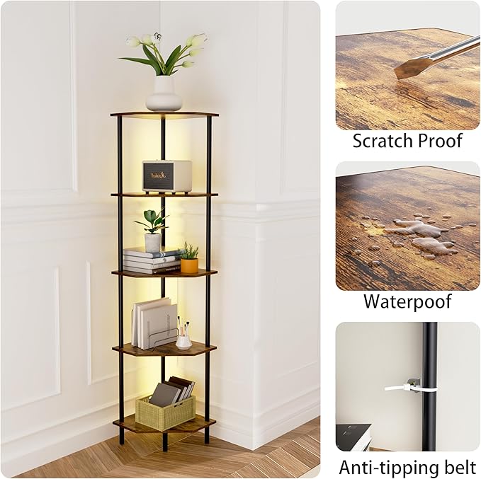 Corner Shelf Stand, Storage Standing Shelf Unit with Metal Frame, Narrow Bookshelf with LED Light Brown Plant Display Stand, Multi Unit Organizer Corner Cabinet for Bedroom, Living Room (5 Tier)