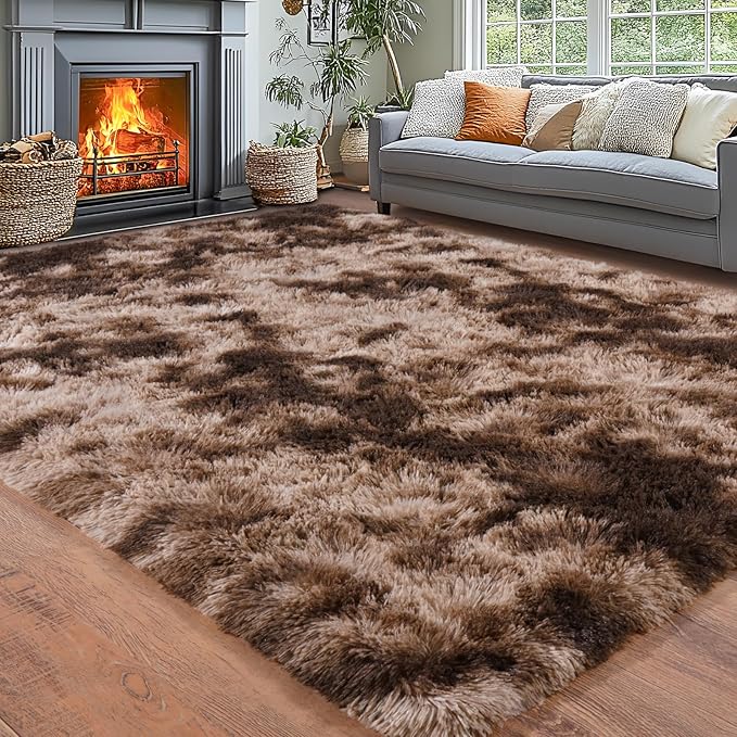 Area Rugs for Living Room 6x9, Ultra Soft Fluffy Rug for Bedroom, Modern Shaggy Carpets Fuzzy Rug for Girls Boys Room Home Indoor Nursery Teens Dorm Decor, Upgrade Non-Slip Durable, Tie Dyed Brown