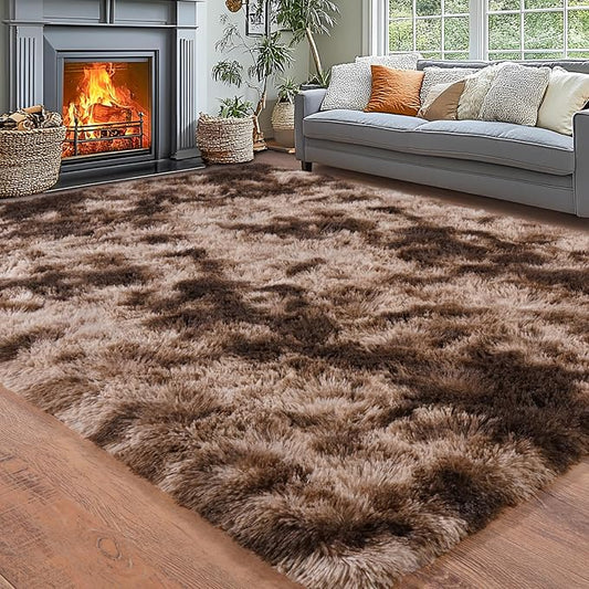 Area Rugs for Living Room 6x9, Ultra Soft Fluffy Rug for Bedroom, Modern Shaggy Carpets Fuzzy Rug for Girls Boys Room Home Indoor Nursery Teens Dorm Decor, Upgrade Non-Slip Durable, Tie Dyed Brown