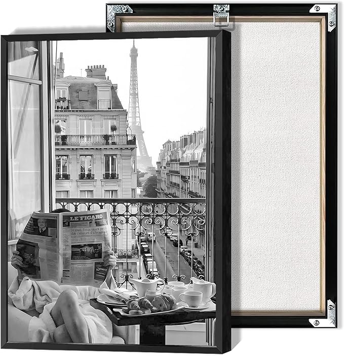 Vintage Girl Reading Newspaper Poster Eiffel Tower View Canvas Wall Art Retro Black And White Feminist Room Aesthetic Prints Painting For Home Bedroom Dorm Apartment Wall Decor 16x24in Framed