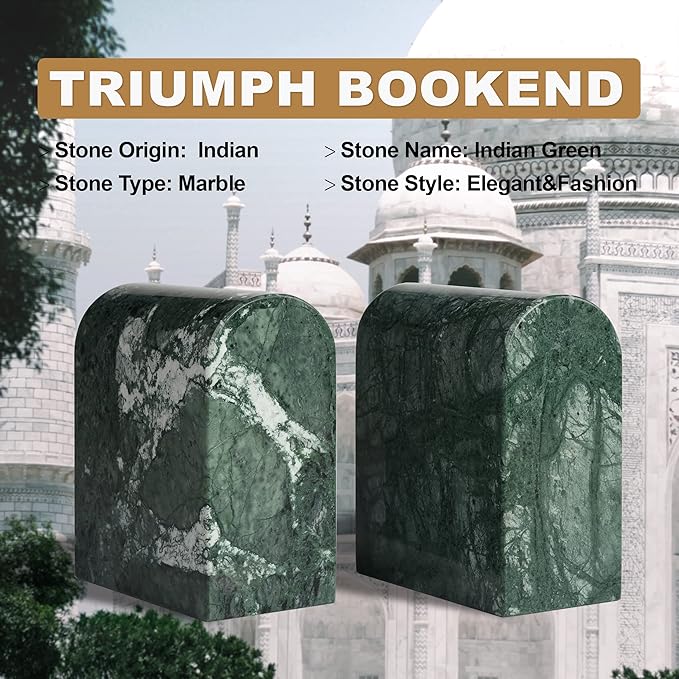 Koville Indian Natural Marble Bookends for Shelves, 13LBS Non-Slip Book Ends, Heavy Duty Marble Book Holders Organizer, Bookshelf Apartment Decor for Movies/CD/Video Games(Indian Green)