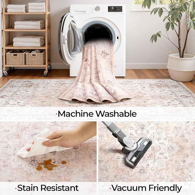 CAPALOCA Machine Washable Rugs Nursery Rug 5x8 Cute Girl Non Slip Low Pile Water Repellent Soft Print Pattern for Bedroom Indoor Decor Kids Playroom Pink