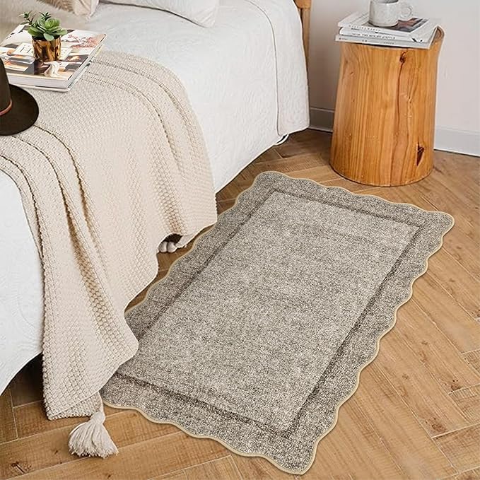 GarveeHome Small Area Rug 2x3 Modern Scalloped Entry Rug Solid Color Kitchen Rugs Washable Bedroom Doormat Non Slip Stain Resistant Bordered Throw Carpet for Living Room Nursery Laundry, Brown