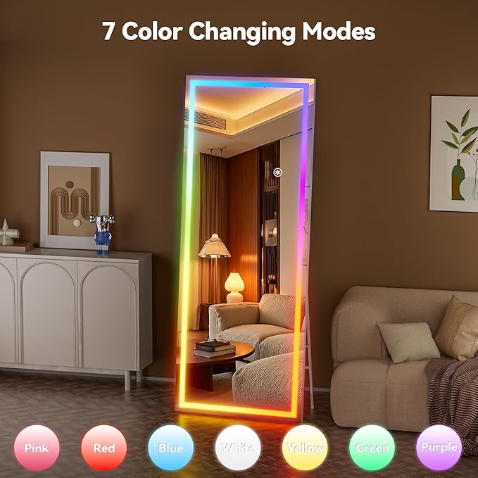 Hasipu 79"x35" LED RGB Bluetooth Full Length Mirror with Lights, Full Body Mirror with Stand, Wall Mount & Free Standing Floor Mirror for Bedroom Living Room Cloakroom, 7 Color & Brightness Adjustable
