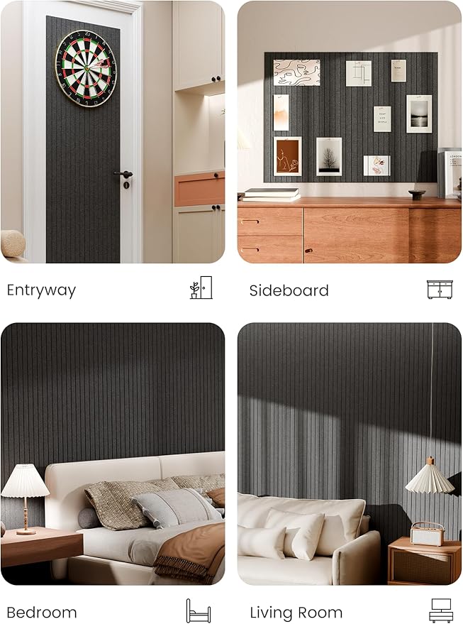 Bumusty Large Cork Board Alternative-48 x 36" Felt Bulletin Board Tiles, with 30 Pushpins, 70 Adhesive Tabs, Fine-Stripe 12-Pack, Cork Boards for Office Push Pin Board Felt Board-Charcoal Gray