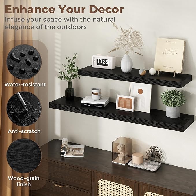 12 Inch Deep Floating Shelves for Wall, 24 x 12 Rustic Wood Grain Bathroom Shelves with Invisible Brackets, Easy Install Wood Storage Shelves for Kitchen, Living Room, Bedroom, Black, Set of 2