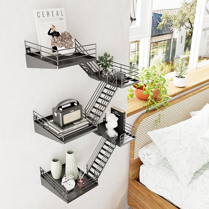 Fire Escape Shelf - 5 Tier Large Metal Black Fire Escape Wall Shelves with Baskets, New York Action Figurine Display Shelf, Unique Rustic Floating Decorative Wall Shelves for Home